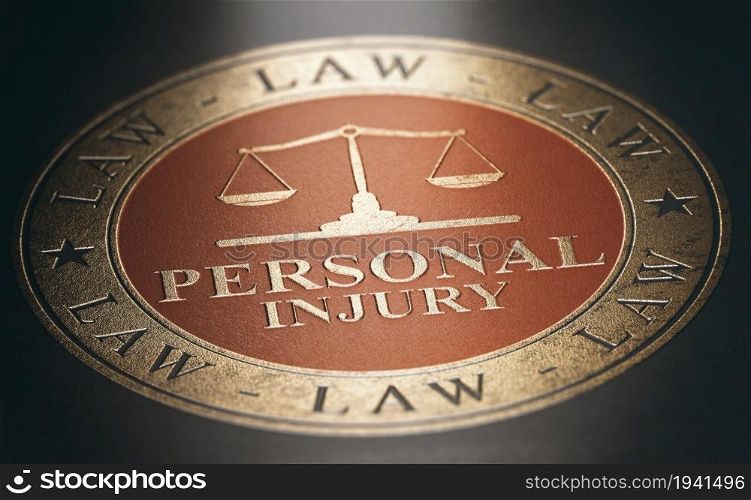 Personal injury written with golden letters over red and black background. Law concept. 3D illustration.. Legal services. Personal injury lawyer symbol.