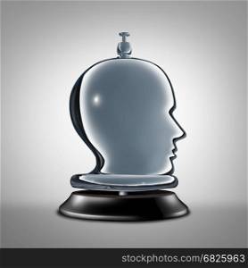 Personal service and individual services as a hotel desk bell shaped as a human head as a metaphor for private concierge vip help assistance as a 3D illustration.