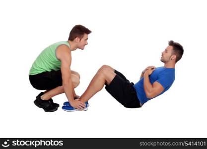 Personal trainer and boy making abdominal isolated on a white background
