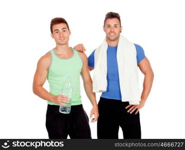 Personal trainer and strong boy isolated on a white background