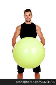 Personal trainer with a big ball isolated on a white background