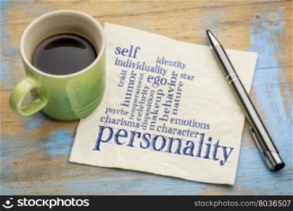personality and character word cloud - handwriting on a napkin with a cup of coffee
