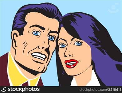 Persons of married couple looks at something both are surprised