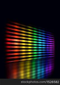 Perspective graphic equalizer display showing moving color light bars on black background