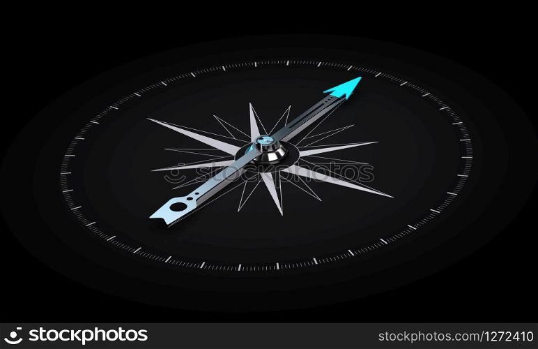 Perspective illustration of a compass over black background, symbol of orientation and good direction. . Compass