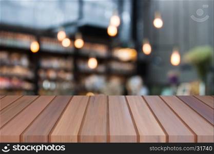 Perspective luxury top wooden with blurred cafe background. product display template