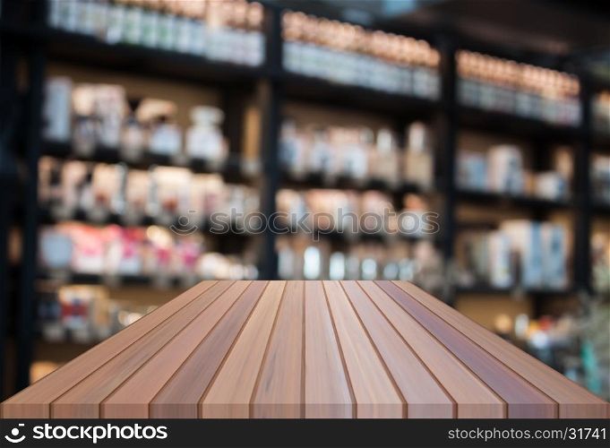 Perspective luxury top wooden with blurred coffee shop background. product display template