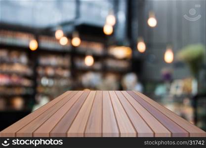 Perspective luxury wooden with blurred cafe background. product display template