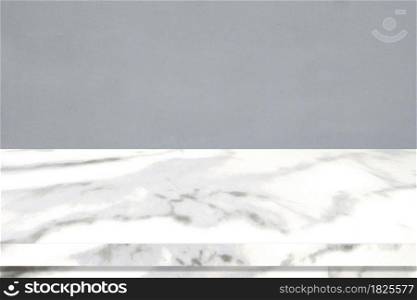Perspective marble table surface background, Grey and white marble table top for kitchen product display background, Empty desk, shelf, counter and grey wall for food and store backdrop, template