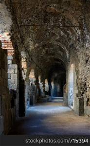 Perspective of an inner gallery in ancient roman theatre in Catania, Sicily, Italy