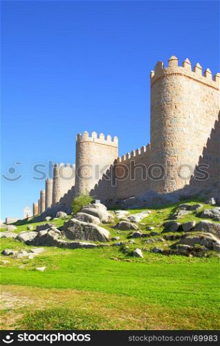 Perspective of medieval city walls of Avila, Spain