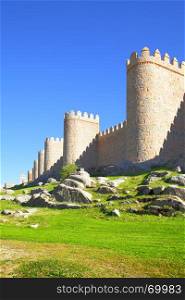 Perspective of medieval city walls of Avila, Spain