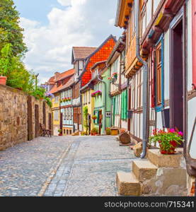 Perspective of old picturesque street in Quedlinburg, Germany