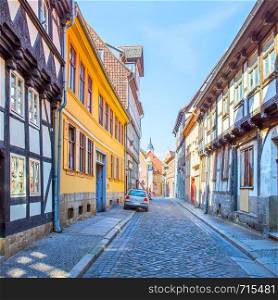 Perspective of old street in Quedlinburg, Germany