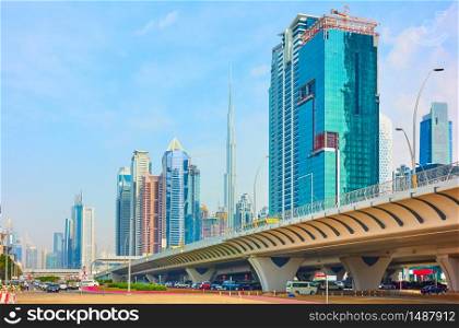 Perspective of Sheikh Zayed Road with modern skyscrapers in Dubai