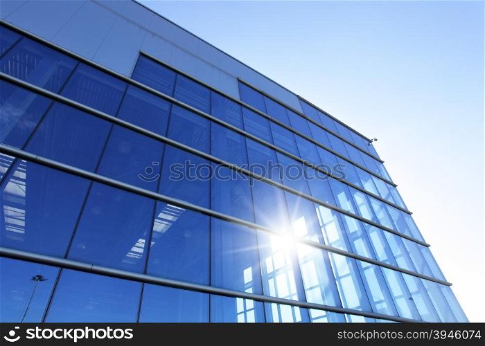 Perspective of wall modern industrial buildingll and sun glare