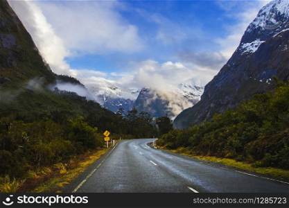 perspective photography of road to milford sound national park most popular natural traveling destination in southland new zealand