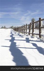 Perspective shot of post rail fence line shadows in the freshily fallen snow.