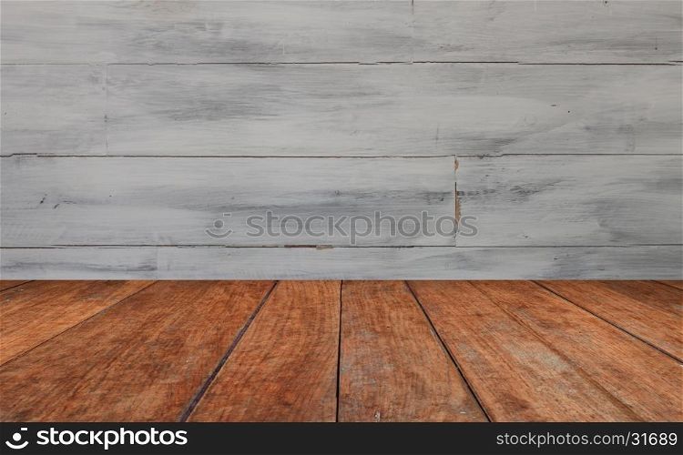 Perspective table top with white wooden wall background, stock photo