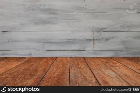 Perspective table top with white wooden wall background, stock photo