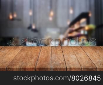 Perspective table top wooden with blurred background. product display template