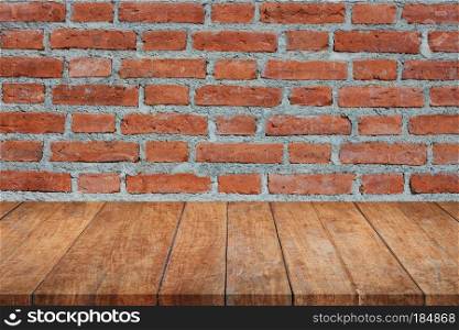 Perspective top wooden on brick wall. product display template