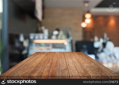 Perspective top wooden with blurred coffee shop. product display template