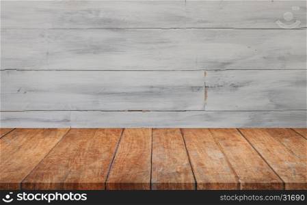Perspective top wooden with white wooden wall background. product display template