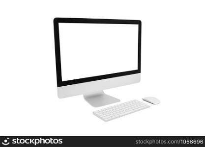 Perspective view desktop computer modern style with simplicity blank screen isolated on white background, monitor wide screen for work of business, hardware computer, object and technology concept.