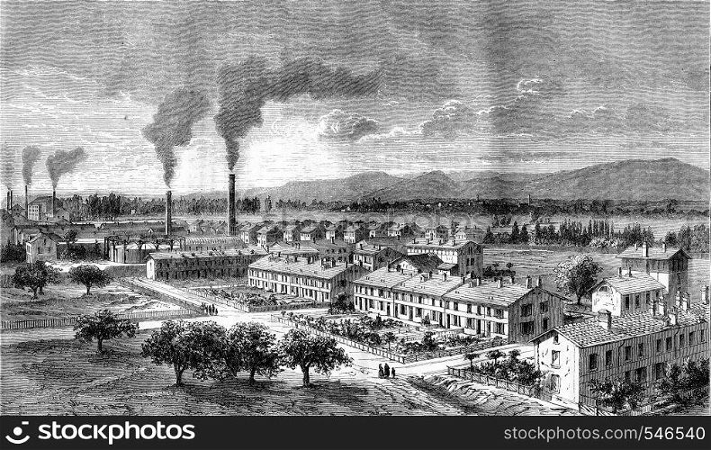 Perspective view of a portion of workers housing in Mulhouse, vintage engraved illustration. Magasin Pittoresque 1861.