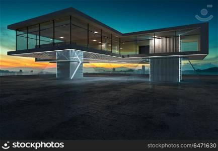 Perspective view of contemporary building exterior with steel,cement and glass facade loft style design . 3D rendering and real images mixed media .