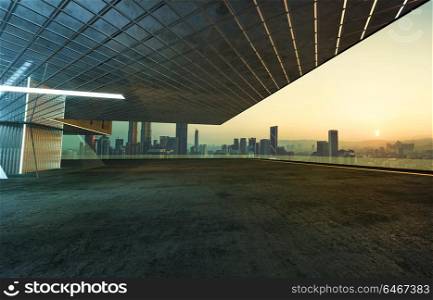 Perspective view of empty cement floor with steel and glass modern building exterior . 3D rendering and real images mixed media .