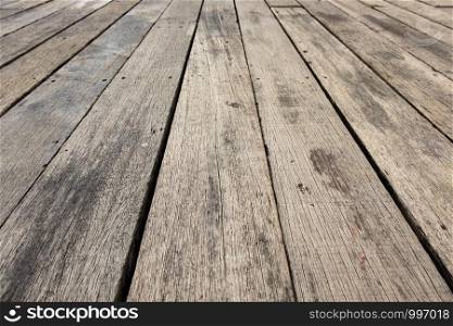 Perspective view of old vintage outdoor wood with rusted screw texture in flooring background.