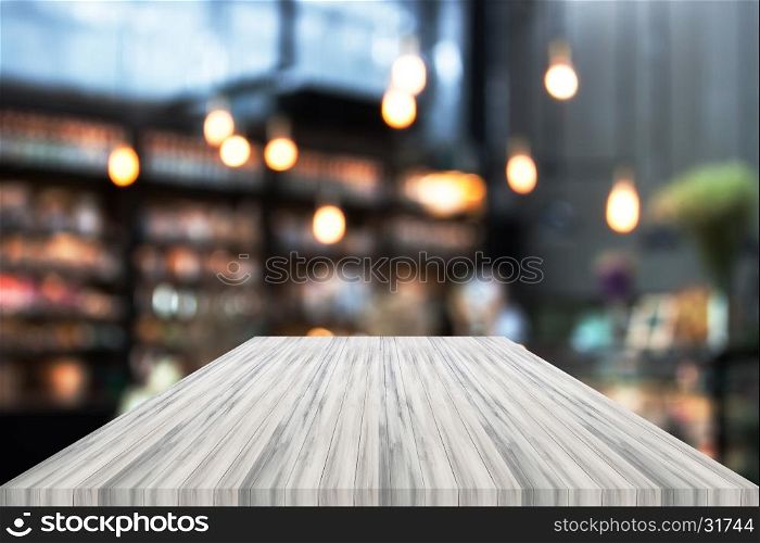 Perspective white luxury wooden with blurred cafe background. product display template
