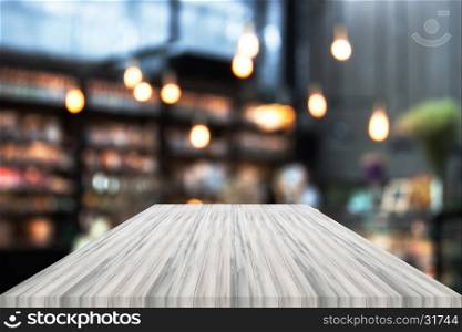 Perspective white luxury wooden with blurred cafe background. product display template