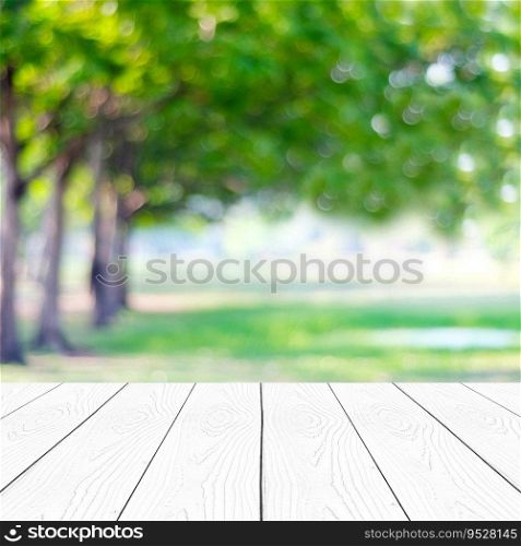 Perspective white wood over blur trees with bokeh background, product display montage, spring and summer season