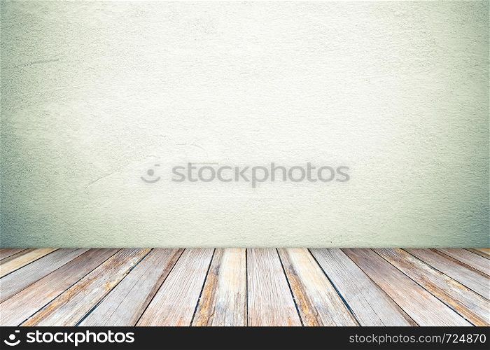 Perspective wood over cement wall background, room, table, interior design, product display montage, vintage style