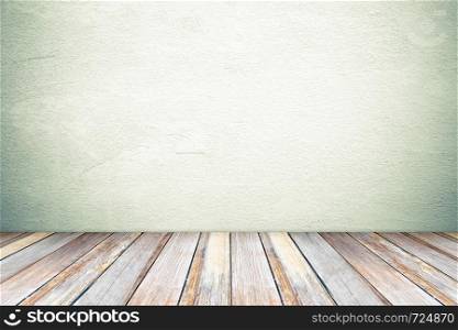 Perspective wood over cement wall background, room, table, interior design, product display montage, vintage style