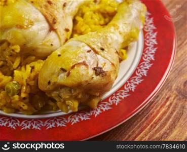 Peruvian dish called Arroz con Pollo.chicken with rice, vegetables.from Latin America