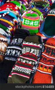 peruvian hats and socks in a street market