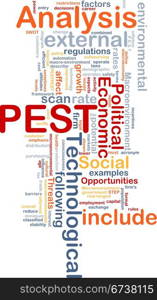 PEST analysis background concept. Background concept wordcloud illustration of business PEST analysis