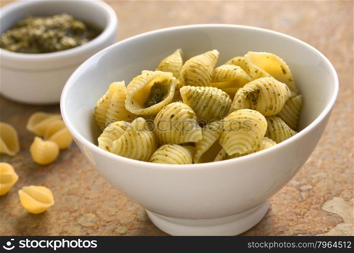 Pesto alla genovese on shell pasta. Pesto is a traditional basil sauce for pasta in the Italian cuisine. Photographed on slate with natural light (Selective Focus, Focus in the middle of the pasta)