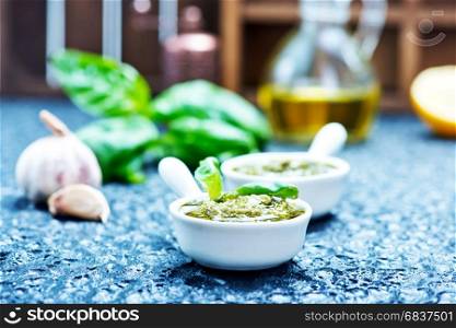 pesto in bowl, fresh sauce, stock photo