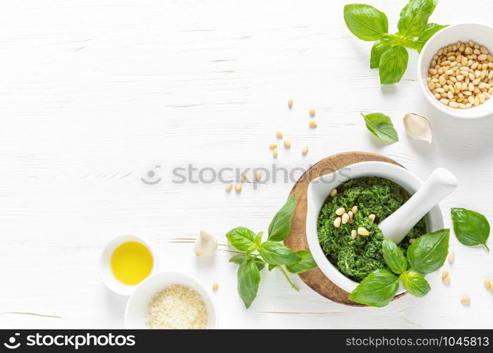 Pesto. Italian basil pesto sauce with culinary ingredients for cooking