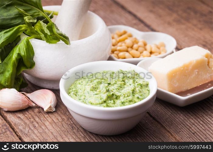 Pesto with green basil, parmesan, pine nuts and garlic