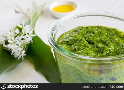 Pesto with wild garlic in a jar.. Pesto with wild garlic in a jar