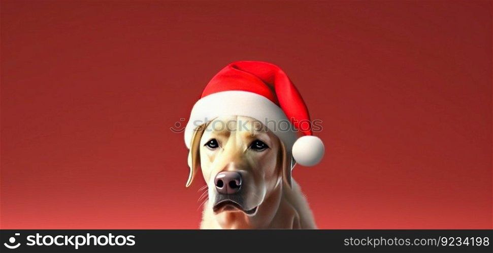 Pet funny dog in a Christmas cap on a red background, isolate. Header banner mockup with copy space. AI generated.. Pet funny dog in a Christmas cap on a red background, isolate. AI generated.