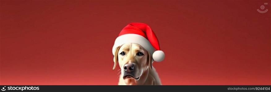Pet funny dog in a Christmas cap on a red background, isolate. Header banner mockup with copy space. AI generated.. Pet funny dog in a Christmas cap on a red background, isolate. AI generated.