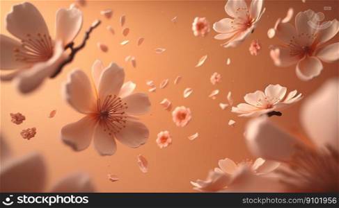 Petals of cherry blossom blown by the wind. Sakura flowers. Ge≠rative AI.. Petals of cherry blossom blown by the wind. Sakura flowers. Ge≠rative AI