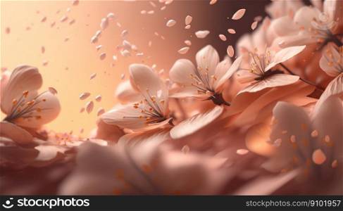 Petals of cherry blossom blown by the wind. Sakura flowers. Generative AI.. Petals of cherry blossom blown by the wind. Sakura flowers. Generative AI